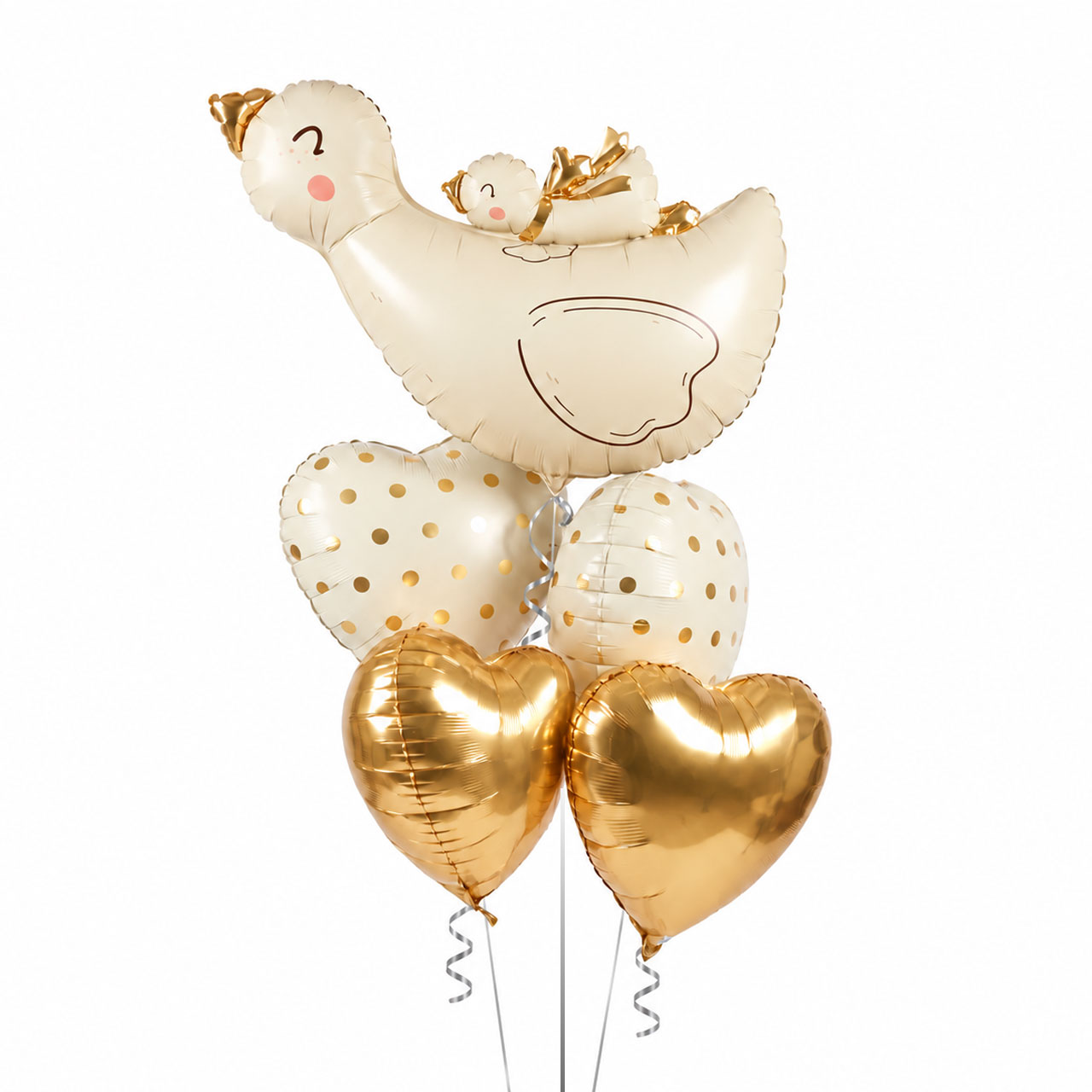 Mummy & Baby Goose Helium Balloons Bouquet – Cream & Gold, 5 Pieces
