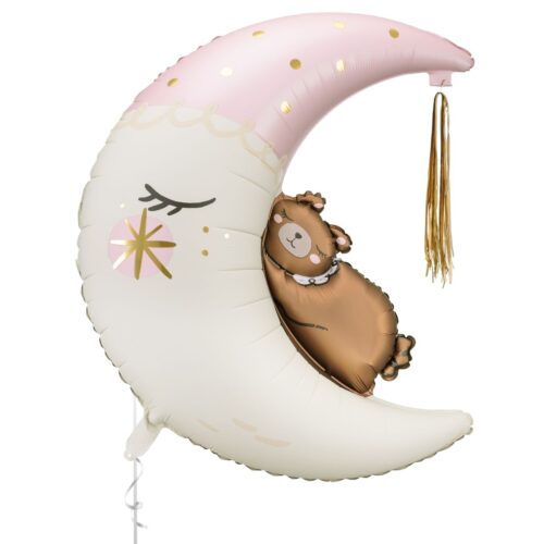 Teddy Bear on the Moon Helium Foil Balloon with Gold Tassel – Pink