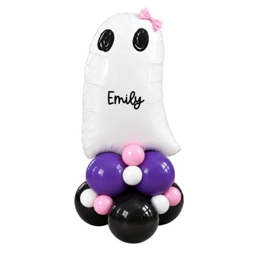 Personalised White Ghost Foil Balloon Standee with Pink Bow - Girl